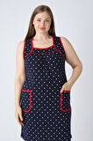 Kadın Büyük Beden Lacivert Puantiyeli Askılı Biyeli Cepli Pamuklu Elbise