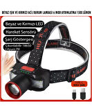 PS-2099 Hareket Sensörlü Şarjlı Kafa Lambası, Kırmızı Beyaz Işık LED 6 Mod Aydınlatma Zoom Kafa Feneri 1500 Lümen