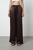 Kadın Kahverengi Düz %100 Viskoz Bol Paça Beli Lastikli Pantolon