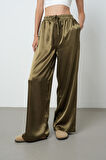 Kadın Haki Renk Düz Saten Bol Paça Beli Lastikli Pantolon