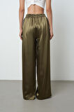 Kadın Haki Renk Düz Saten Bol Paça Beli Lastikli Pantolon