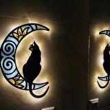 Veraart Epoksili Ahşap Aydaki Kedi Figürlü Duvar Dekorlu Gece Lambası Mavi Sarı 50 cm