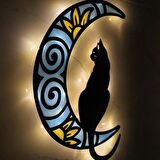 Veraart Epoksili Ahşap Aydaki Kedi Figürlü Duvar Dekorlu Gece Lambası Mavi Sarı 50 cm
