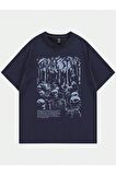 Grunge Punk Baskılı Oversize Lacivert Erkek Tişört