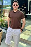 Kahverengi Polo Yaka Düz  Slim Fit Triko Tişört