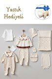 Yenidoğan Kız Bebek Pamuklu Natural Yaprak Desenli Bebe Yakalı 10 Parça Hastane Çıkışı Zıbın Set Yastık Hediyeli