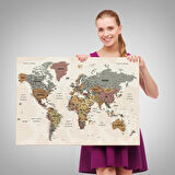 Harita Sepeti Türkçe Dünya Haritası Ayrıntılı Eğitici-Öğretici Okyanuslu Dekoratif Kanvas Tablo 2550