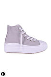 Kadın Gri Rahat Kalıp Keten Bilekli Günlük Spor Kalın Tabanlı -5cm- Bağcıklı Sneaker Ayakkabı