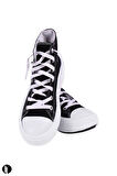 Kadın Siyah Rahat Kalıp Keten Bilekli Günlük Spor Kalın Tabanlı -5cm- Bağcıklı Sneaker Ayakkabı