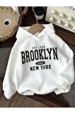 BEYAZ RENK NY  Baskılı Kız/Erkek Çocuk Kapüşonlu Sweatshirt (YENİ ÜRÜN)