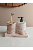 3'lü Bej Mermer Desen Banyo Seti ,sıvı Sabunluk Diş Fırçalığı Beton Aksesuar Takımı