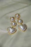 ÜÇLÜ İNCİ KALPLİ METAL GOLD KÜPE