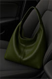 Kadın Salaş Yumuşak Dokulu Büyük Haki Yeşil Omuz ve Tote Çanta