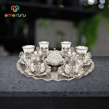 Altılı Taşlı Osmanlı Çay Seti Tepsili Ve Şekerlikli 6 Kişilik Cam Bardaklı Bakır İşlemeli