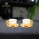 2 Kişilik Bakır İşlemeli ve Taş Detaylı Kahve Fincan Takımı (Altın ve Gümüş Seçenekleriyle)