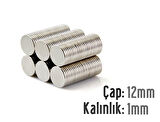 Neodyum Mıknatıs Silindir Çap 12mm , Kalınlık 1mm   ( 10 Adet)