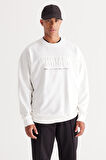 Erkek Ekru Oversize Bol Kesim Içi Polarlı 3 Iplik Bisiklet Yaka Pamuklu Sweatshirt