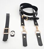 Siyah Tek Kat Suni Deri Çanta Seti Light Gold Metalli