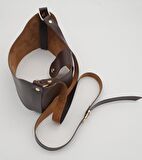 Kahverengi Suni Deri 120x2 cm Çanta Saplı Deri Seti Light Gold Metalli