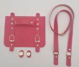 Suni Deri Çift Tokalı Ayarlı Saplı Fuşya Renk Çanta Deri Seti Light Gold Metalli