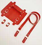 Suni Deri Çift Tokalı Ayarlı Saplı Kırmızı Renk Çanta Deri Seti Light Gold Metalli