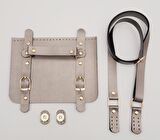 Suni Deri Çift Tokalı Ayarlı Saplı Parlak Gri Renk Çanta Deri Seti Light Gold Metalli