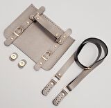 Suni Deri Çift Tokalı Ayarlı Saplı Parlak Gri Renk Çanta Deri Seti Light Gold Metalli