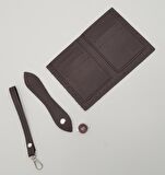 Kartlıklı Cüzdan İçi Deri Seti Koyu Kahverengi Gümüş Metalli