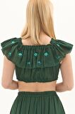 Yeşil Vual Nakışlı Yazlık Crop Bluz