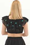 Siyah Vual Nakışlı Yazlık Crop Bluz