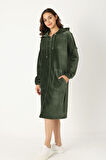 Kadın Haki Kapüşonlu Fermuarlı Pamuklu Kadife Cepli Elbise