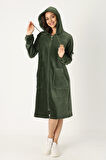 Kadın Haki Kapüşonlu Fermuarlı Pamuklu Kadife Cepli Elbise