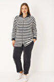 Çizgili Uzun Kollu Cepli Pamuklu Kadife Fermuarlı Balıkçı Yaka Kadın Büyük Beden Eşofman Takımı