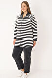 Çizgili Uzun Kollu Cepli Pamuklu Kadife Fermuarlı Balıkçı Yaka Kadın Büyük Beden Eşofman Takımı