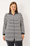 Çizgili Uzun Kollu Cepli Pamuklu Kadife Fermuarlı Balıkçı Yaka Kadın Büyük Beden Eşofman Takımı
