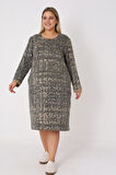 Desenli Düğmeli Cepli Biye Detaylı Jakarlı Kumaş Kadın Büyük Beden Elbise