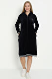 Siyah Kapüşonlu Taş Detaylı Fermuarlı Cepli Pamuklu Kadife Elbise