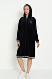 Siyah Kapüşonlu Taş Detaylı Fermuarlı Cepli Pamuklu Kadife Elbise