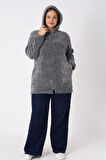 Kadın Büyük Beden Kapüşonlu Fermuarlı Cepli Soft Peluş Sweatshirt