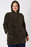 Kadın Büyük Beden Kapüşonlu Fermuarlı Cepli Soft Peluş Sweatshirt