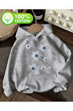 Çiçek Baskı Detaylı İçi Polarlı Kapüşonlu Sweatshirt