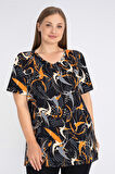 Siyah Desenli Kısa Kollu Pamuklu Kadın Büyük Beden T-Shirt