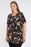 Siyah Desenli Kısa Kollu Pamuklu Kadın Büyük Beden T-Shirt