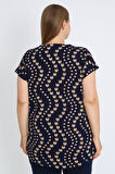 Lacivert Kısa Kollu Desenli Kısa Kollu V Yaka Pamuklu Büyük Beden Bluz