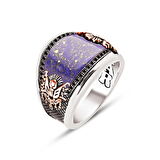 Amberkan ​​​Gümüş Özel Kesim Sıkma Lapis Kenarı Siyah Zirkon İşlemeli Osmanlı Devlet Armalı Erkek Yüzük