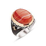 Amberkan ​Gümüş Özel Kesim Kapşon Damarlı Akik Taş Kenarları Osmanlı Tuğralı İşlemeli Yüzük