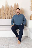 Erkek Füme Lacivert Büyük Beden 3 Düğmeli %100 Pamuk Mevsimlik Uzun Kol Cepli Pijama Takımı