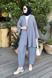 Gofre Kimono İkili Tesettür Takım Füme