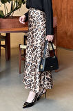 Saten Pamuklu Leopar Etek Camel