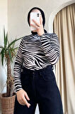 Yarım Balıkçı Yaka Zebra Desenli Body Siyah